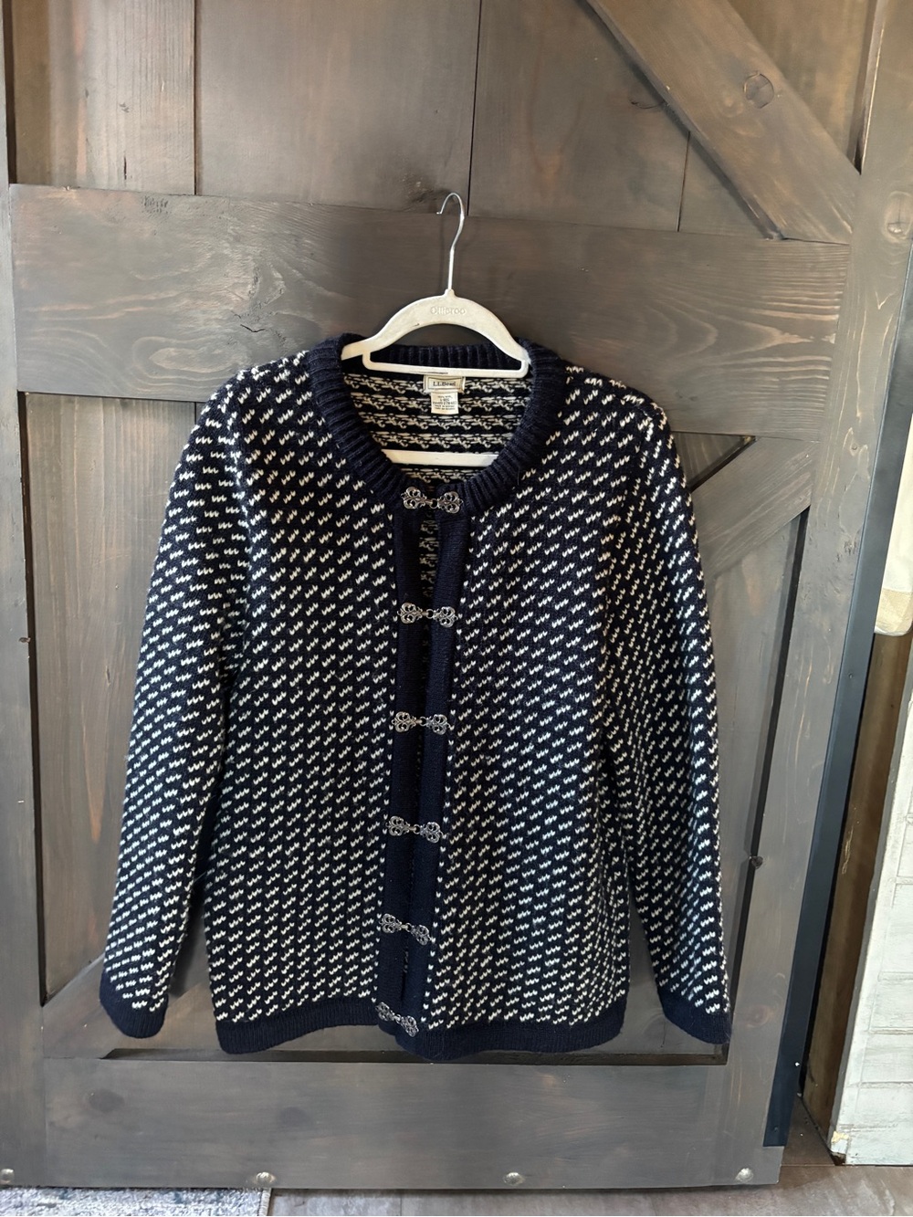 Nordic Wool Navy & Cream Patterned Knit Cardigan Sweater Large